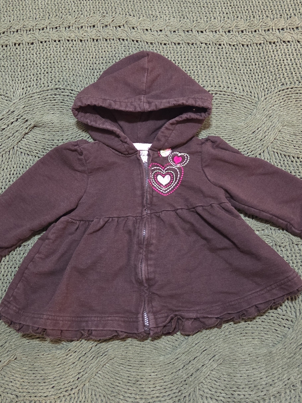 Kids Headquarters Jacket Hooded  Zip Up Vintage Ruffled Heart Embroidery
